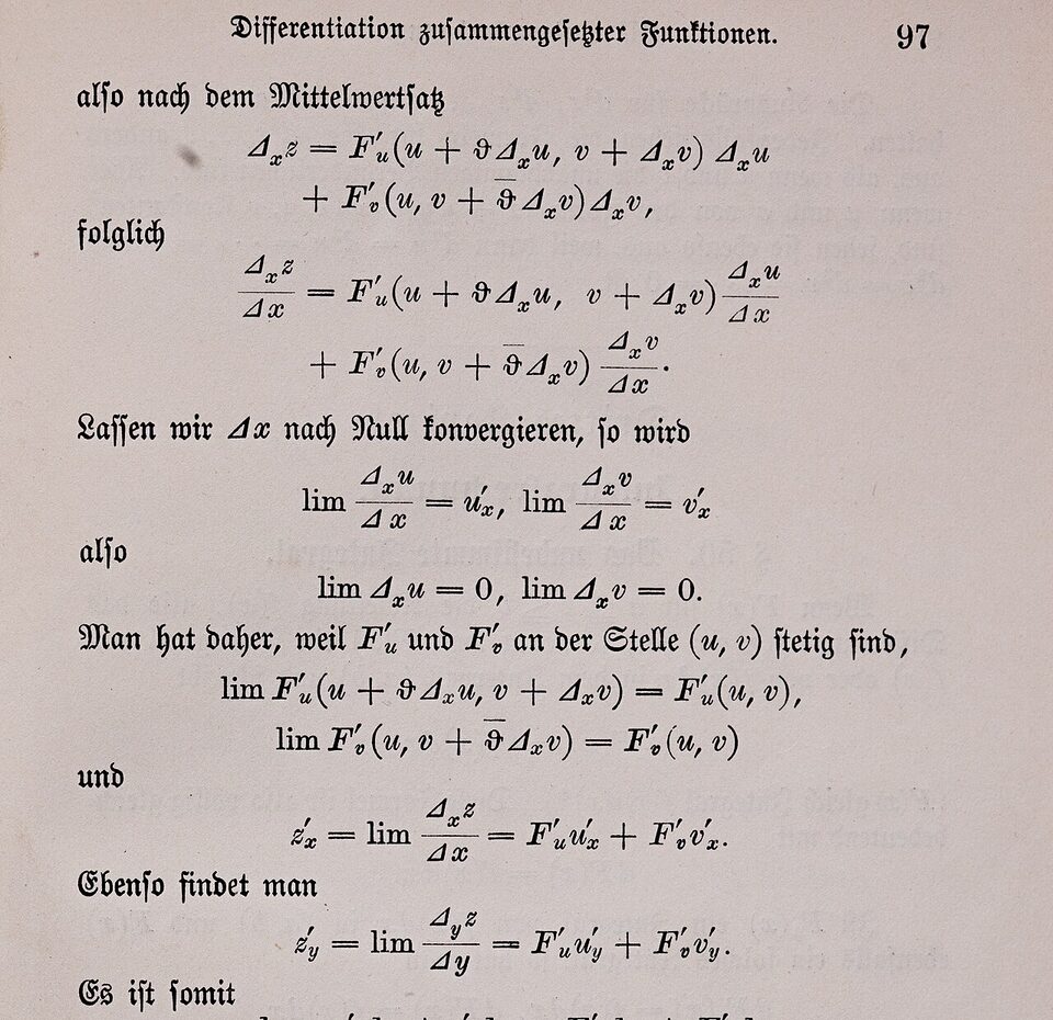 Printed page of a German calculus text in Fraktur type, showing the derivation of the chain rule for a composite function of two variables.