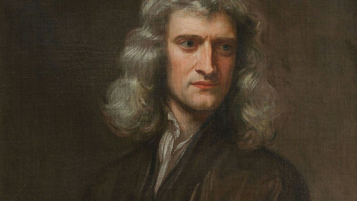 Portrait of Isaac Newton in a dark coat and grey wig, painted by Godfrey Kneller in 1689.